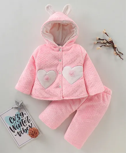 Mom's pet Full Sleeves Heart Patch And Bunny Detail Hooded Fur Jacket And Pant - Pink