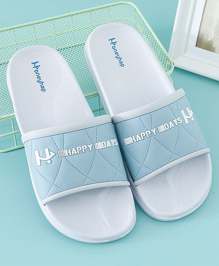 Honeyhap Slip on Sliders with Text Graphics - Light Blue