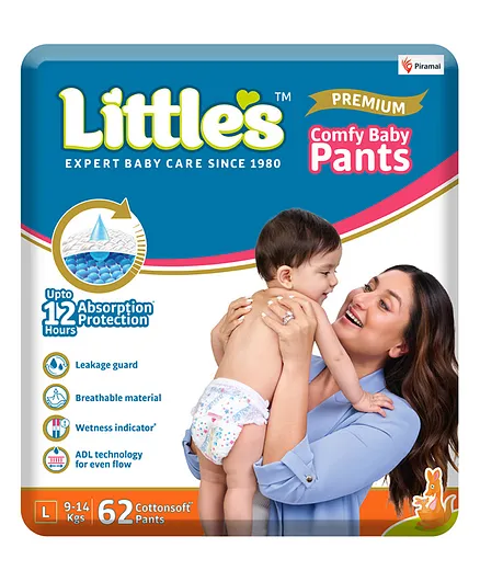 Little's Comfy Baby Pants Diapers Large Size with Wetness Indicator and 12 hours Absorption - 62 Pieces
