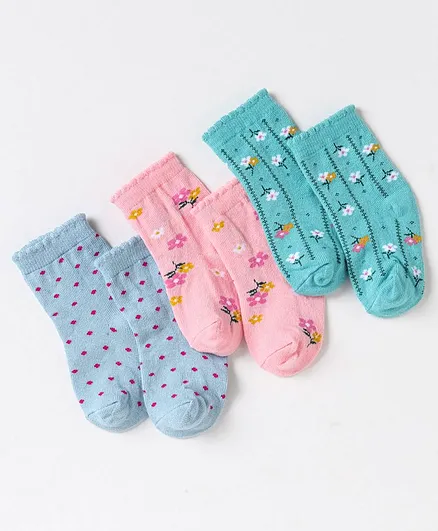 Cute Walk by Babyhug Non Terry Cotton Knit Ankle Length Anti Bacterial Socks Floral Design Pack of 3 - Blue Green & Pink