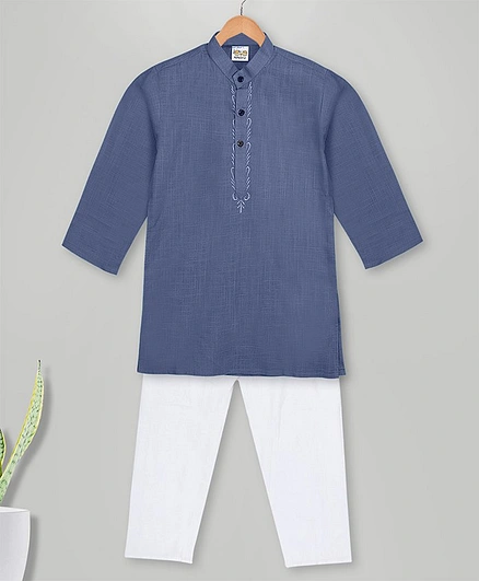 MIMISKU Full Sleeves Placket Embroidered Kurta Pyjama Set - Navy Blue