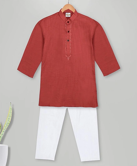 MIMISKU Full Sleeves Placket Embroidered Kurta Pyjama Set - Red