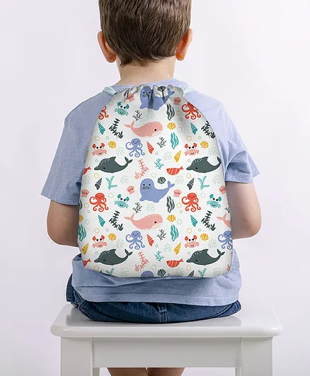 Baby of Mine Sea Party Print Waterproof Drawstring Multipurpose Bag White - Height 16 Inches