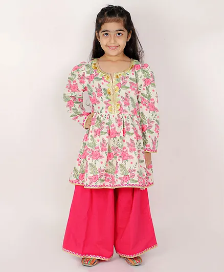 M'andy Full Sleeves Seamless Tropical Flower & Leaves Printed With Gota Flower Lace Embellished A Line Kurta & Palazzo - Off White & Pink