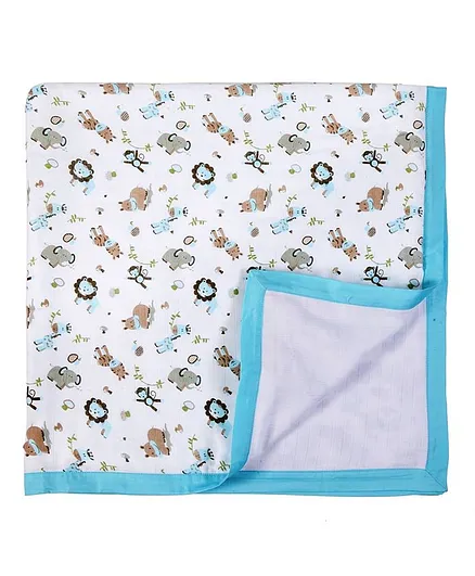 My Milestones Muslin Blanket 3 Layered (Size 43x43 Inches) Zoo Print - Blue