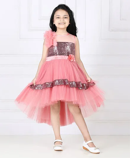 Toy Balloon Sleeveless Sequins Embellished Bodice With Flower Belt Applique High Low Party Dress - Dusty Rose