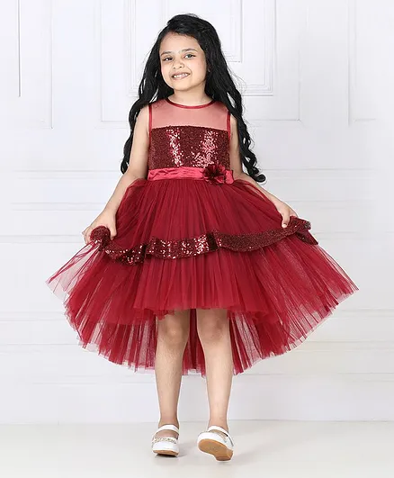 Toy Balloon Sleeveless Sequins Embellished Bodice With Flower Belt Applique High Low Party Dress - Maroon