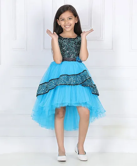 Toy Balloon Sleeveless Sequin Embellished Bodice With Flower Applique Detailed & Sequin Band Mesh Layered Fit & Flare High Low Dress - Sky Blue