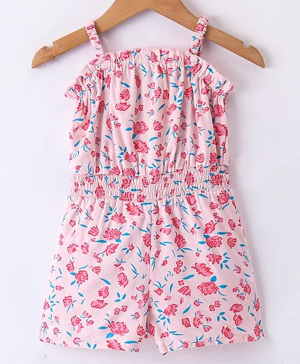 Kookie Kids Sleeveless Jumpsuits with Smocking Detailing Floral Print - Pink