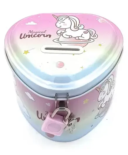 Archies Unicorn Heart Shaped Coin Money Box Piggy Bank with Key - Pink