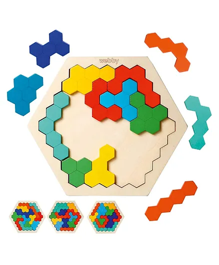 Webby Hexagonal Wooden Tetris Brain Teaser Puzzle Learning Toy - 14 Pieces