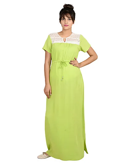9teenAGAIN Half Sleeves Lounge Wear Lace Yoke Nursing Maxi Dress - Green