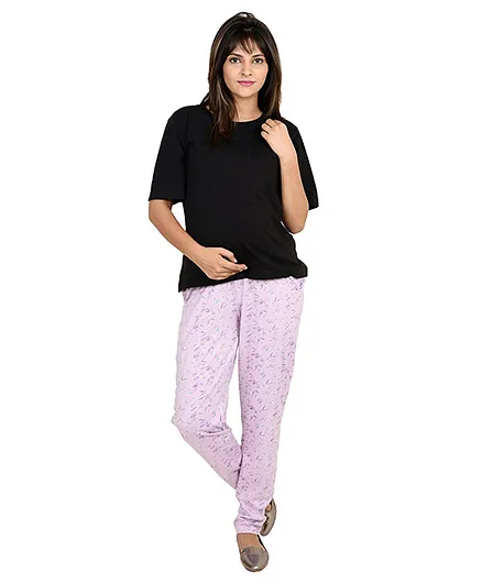 9teenAGAIN Printed Imported Elastic Maternity Trouser - Purple