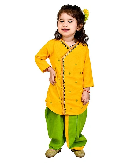 CHAKORI Sankranti Pongal Mehendi Ceremony Theme Full Sleeves All Over Embroidered Angrakha Style Kurta With Dhoti - Yellow & Green