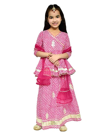 CHAKORI Three Fourth Sleeves Angrakha Style Border Lace Embellished Leheriya Kurta & Lehenga Set - Pink