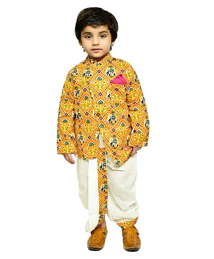 CHAKORI Full Sleeves Patola Foil Print With Jaipuri Gota Work Sherwani & Dhoti Set - Yellow