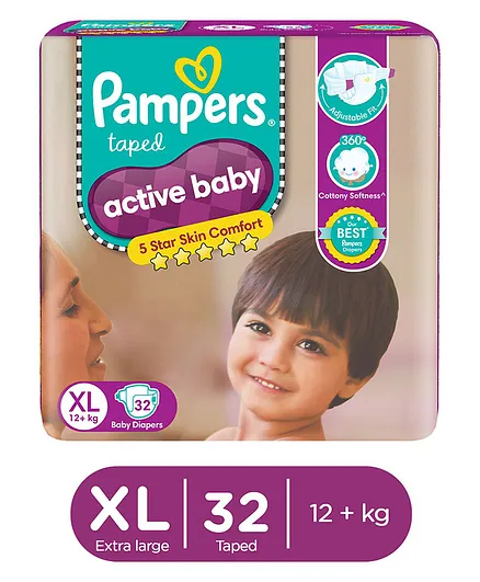 Pampers Active Baby Taped Diapers, Extra Large size diapers, (XL) 32 count, taped style custom fit