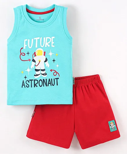 Child World Cotton Knit Sleeveless T-Shirt & Short Set Astronaut Print - Green & Red