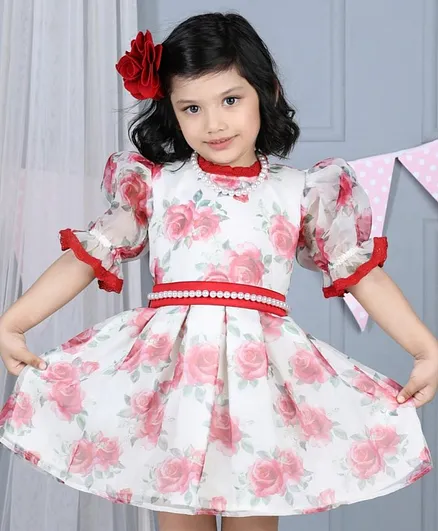 Dress My Angel Short Sleeves Rose Printed Dress With Pearl Belt - Red