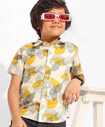 Pine Kids 100% Cotton Half Sleeves Shirt Leaf Print- Yellow