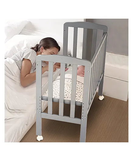 Baybee 2 in 1 Convertible Wooden Baby Bedside Crib Cot with 4 Height Adjustable Lockable Wheels - Grey
