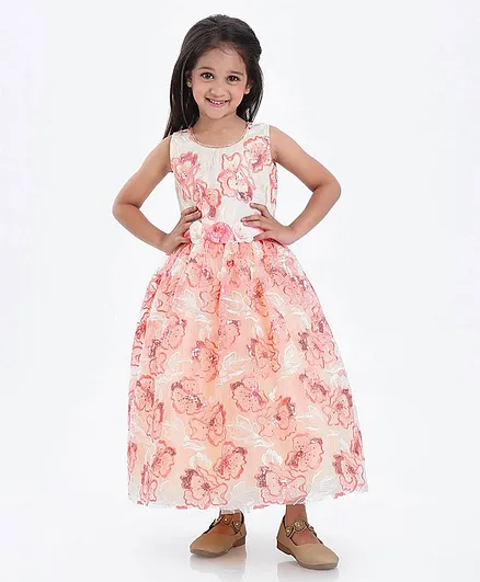 Enfance Sleeveless Flower & Sequins Embroidered Sleeveless Tulle Flared Gown - Peach