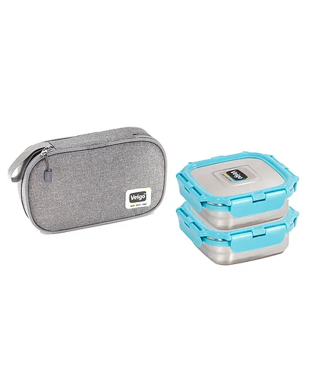 Veigo Lock N Steel 100% Air Tight 2 Container Lunch Box With Bag- Blue