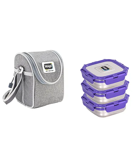 Veigo Lock N Steel 100% Air Tight 3 Medium Container with Lunch Bag - Purple
