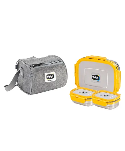 Veigo Lock N Steel 100% Air Tight 1 Big and 2 Small Containers with Fabric Bag - Yellow