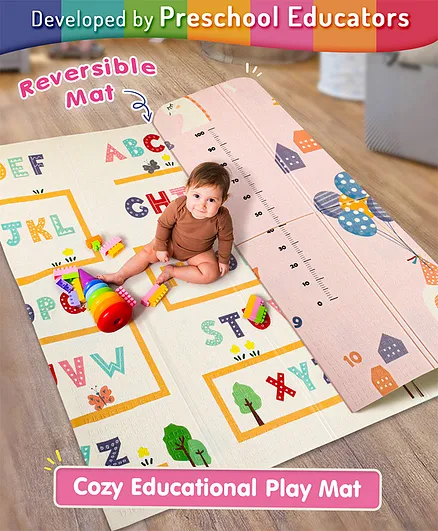 Intelliskills Premium Extra Large Reversible Alphabet & Number Play Mat | Baby Learning & Crawling Foldable Mat | Non-Toxic | Lightweight | Waterproof | Anti-Skid |  Multicoloured | L 6.5 x B 4.5 ft, 0.8cm Thickness |Double Sided Printed Mat for Babi