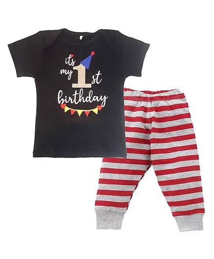Kadam Baby Birthday Theme Half Sleeves Its My 1st Birthday Glitter Printed T Shirt Pyjama Set - Black Red