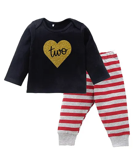 Kadam Baby Second Year Birthday Theme Full Sleeves Heart Printed Tee With Striped Pyjama = Black & Grey