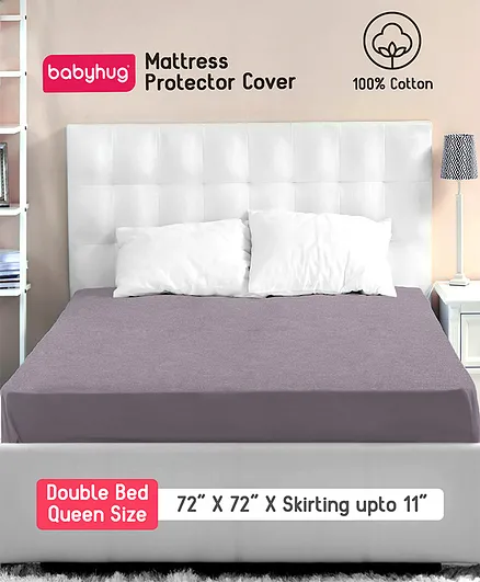 Babyhug Waterproof 100% Terry Cotton Breathable Fitted Double Bed Queen Size Mattress Protector Cover - Grey