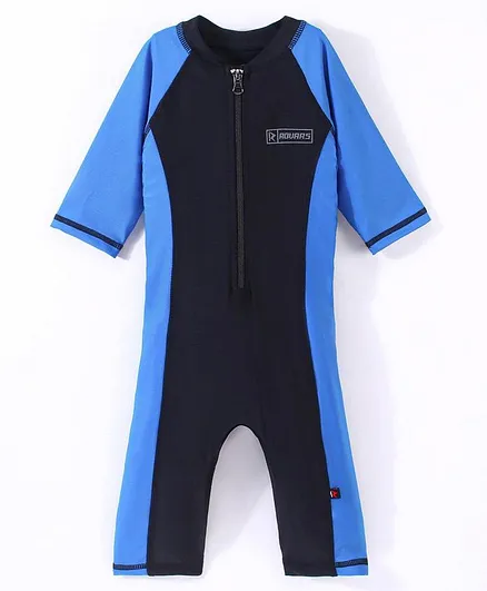 ROVARS Half Sleeves Solid Body Swim Suit - Navy Blue & Black