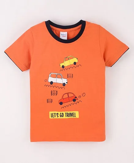 Taeko Cotton Knit Half Sleeves Cars Printed T-Shirt - Orange