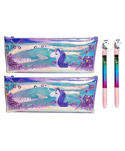 New Pinch Unicorn Themed 2 Pencil Pouch With 2 Glitter Pens (Color & Design May Vary)
