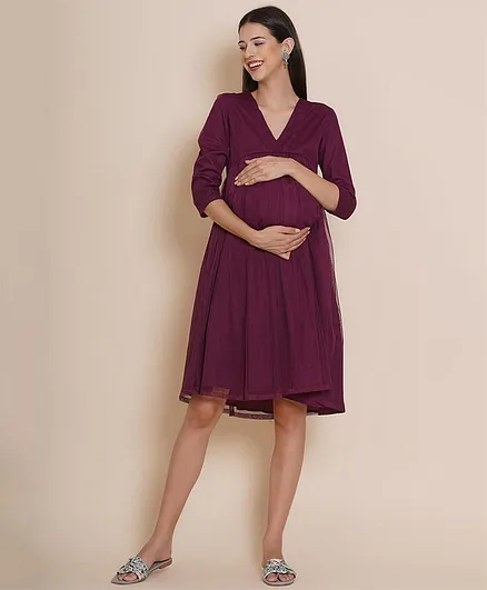 Mine4Nine Baby Shower Theme Three Fourth Sleeves Solid Fit & Flare Maternity Dress - Wine