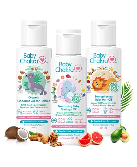 BabyChakra Massage Oil Hair Oil & Coconut Oil  Pack of 3 - 30 ml each