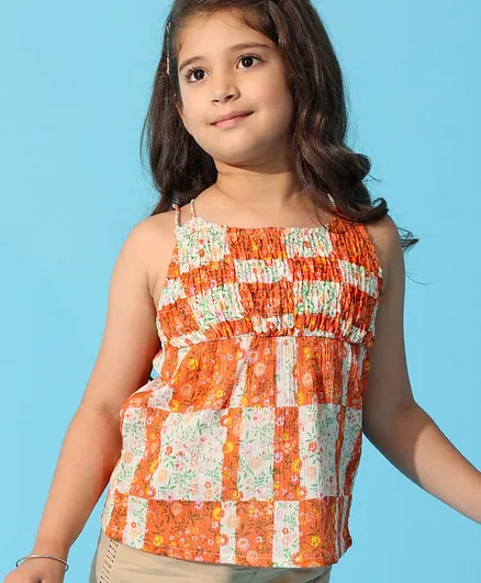 Arias 100% Crinkle Cotton All Over Printed Strappy Top with Front Smocking & Beads Embellishment - Orange White
