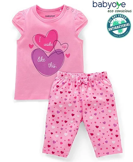 Babyoye Eco-Conscious Anti Bacterial 100% Cotton Cap Sleeves Night Suit Heart Print - Pink