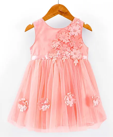 Babyhug Sleeveless Party Frock with Floral Applique - Peach
