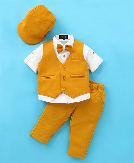 Robo Fry Cotton Lycra Full Sleeves Party Suit With Bow & Cap Solid Color - Muster Yellow