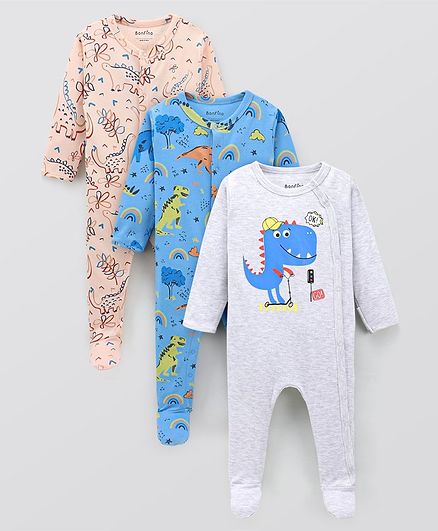 Bonfino 100% Cotton Knit Full Sleeves Sleep Suit Dino Print pack of 3- White & Blue