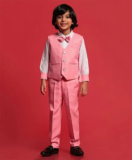 AJ Dezines Full Sleeves Checkered 4 Piece Suit Set - Pink