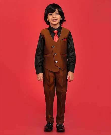 AJ Dezines Full Sleeves Solid 4 Piece Suit Set - Brown