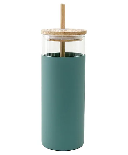 The Better Home Borosilcate Tumbler with Wooden Lid & Straw Green - 450ml