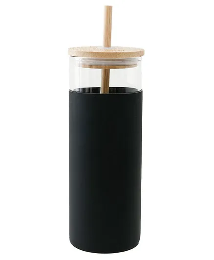 The Better Home Borosilcate Tumbler With Wooden Lid & Straw Black- 450 ml