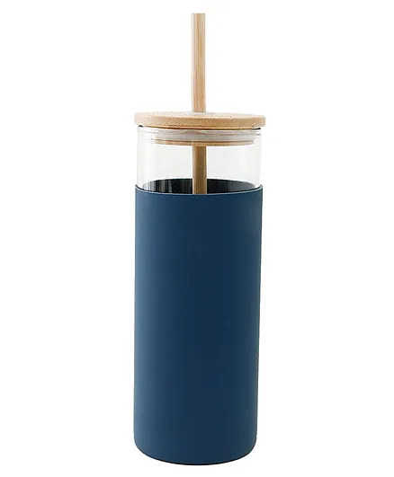The Better Home Borosilcate Tumbler With Wooden Lid & Straw Navy Blue- 450 ml