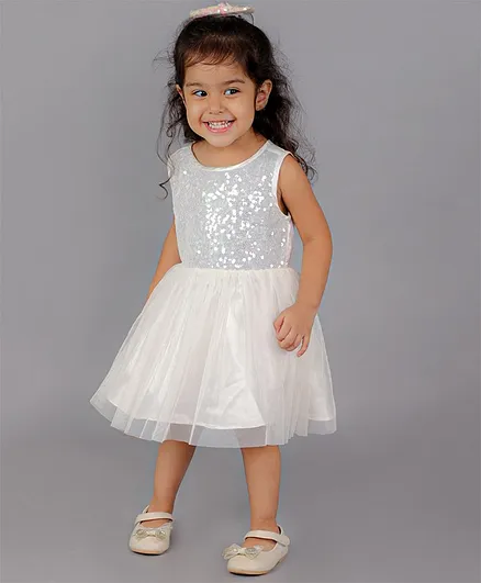 KIDSDEW Sleeveless Sequin Embellished Bodice Shimmer Tulle Fit & Flare Part Wear Dress - White