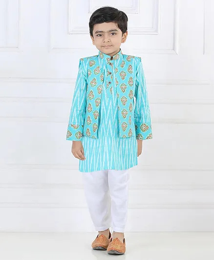 Kinder Kids Full Sleeves Ethnic Motif Printed Kurta Pajama Set - Blue